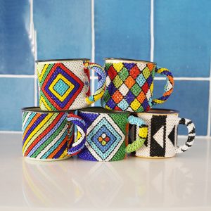 Beaded African Enamel Coffee Mugs